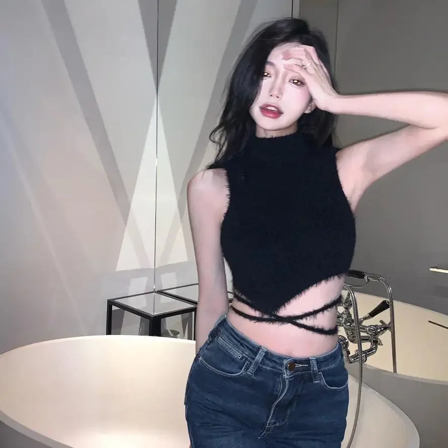 Women Knit Halter Crop Top Furry Lace Up Sleeveless