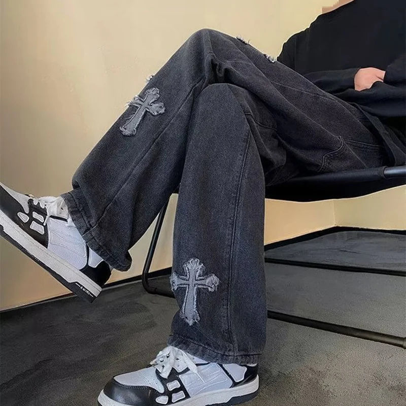Mens Straight Loose Denim Jeans Cross Embroidery Black Blue Casual Pants