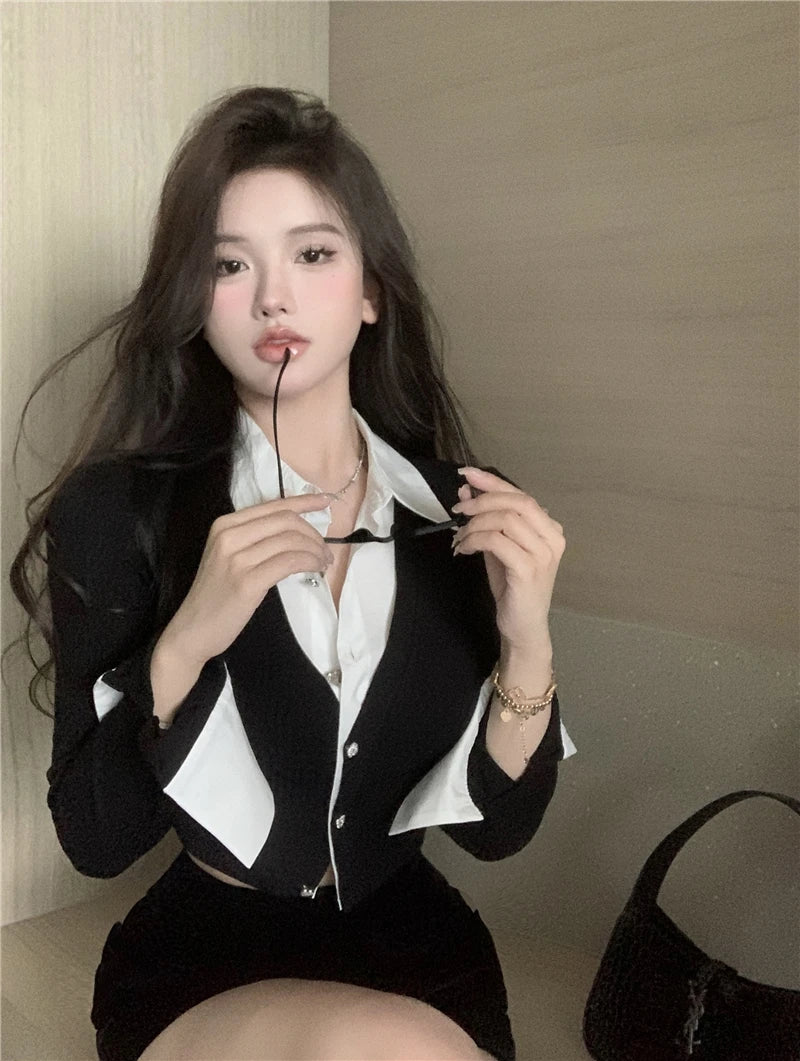 T-shirts Women Minimalist Sexy Aesthetic Delicate Panelled Patchwork All-match Female Clothing Fake Two Pieces Knitted Advanced