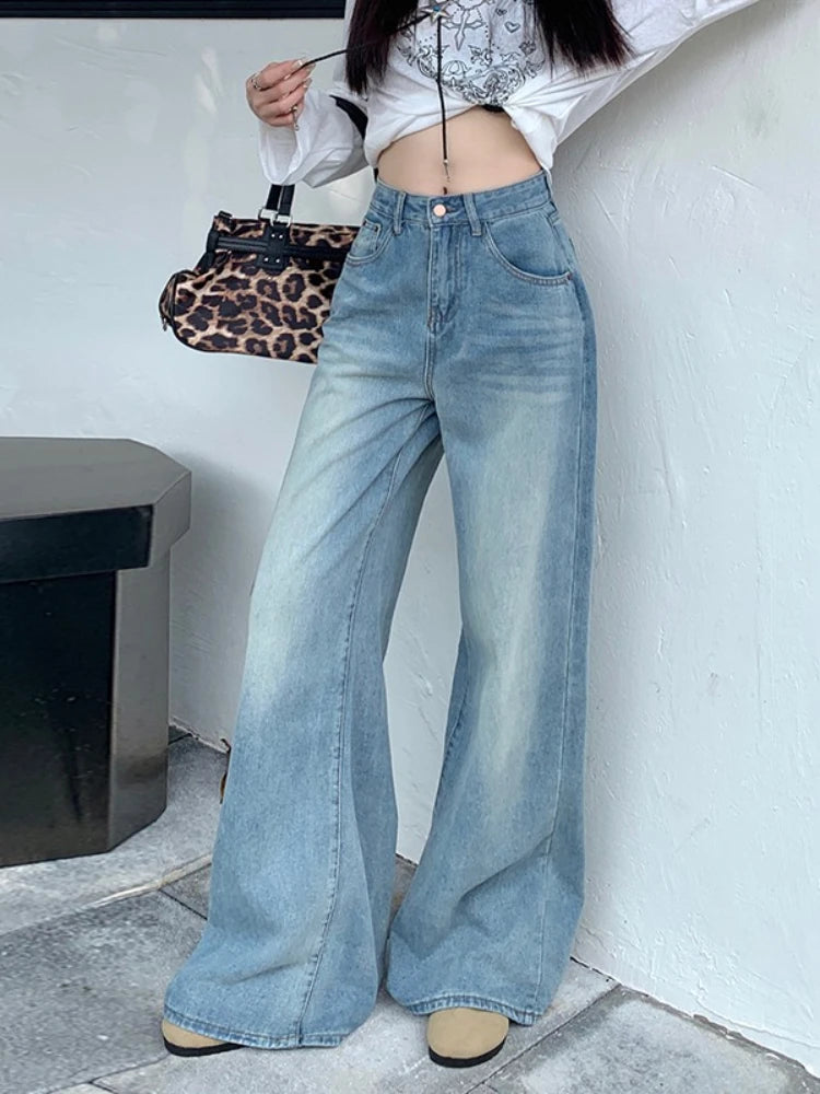 Womens Jeans Denim Pants 2025 Euramerican High Waist Girl Style Colorful Straight Leg Wide Leg Trousers