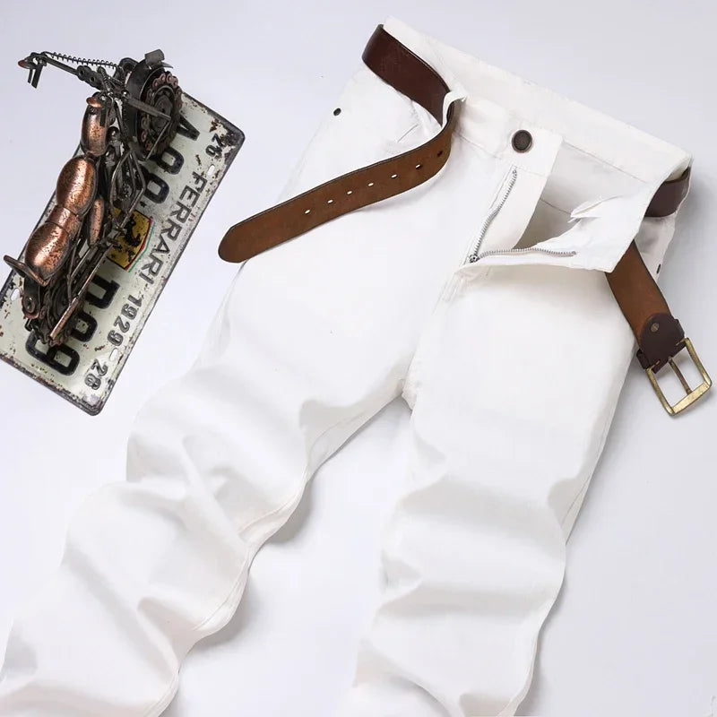 White Jeans Mens Fashion Straight Elastic Cotton Denim Pants Spring Autumn Business Casual Trousers