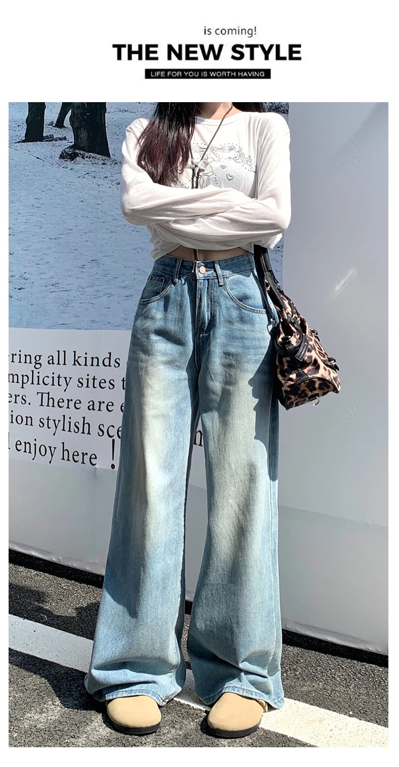 Womens Jeans Denim Pants 2025 Euramerican High Waist Girl Style Colorful Straight Leg Wide Leg Trousers