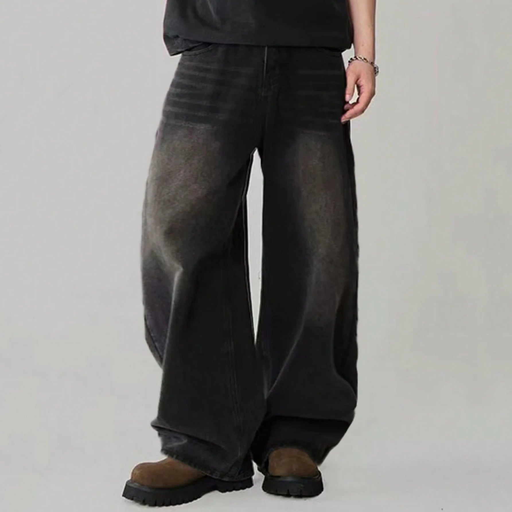 Mens Straight Loose Wide Leg Baggy Jeans Black Gray Blue Casual Pants