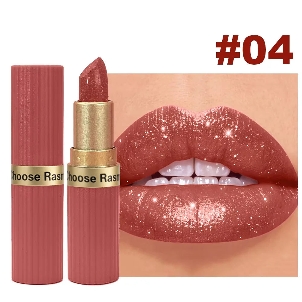 Pearlescent Pink Glitter Lipstick Metallic Shimmer Matte Velvet Lipstick for Women