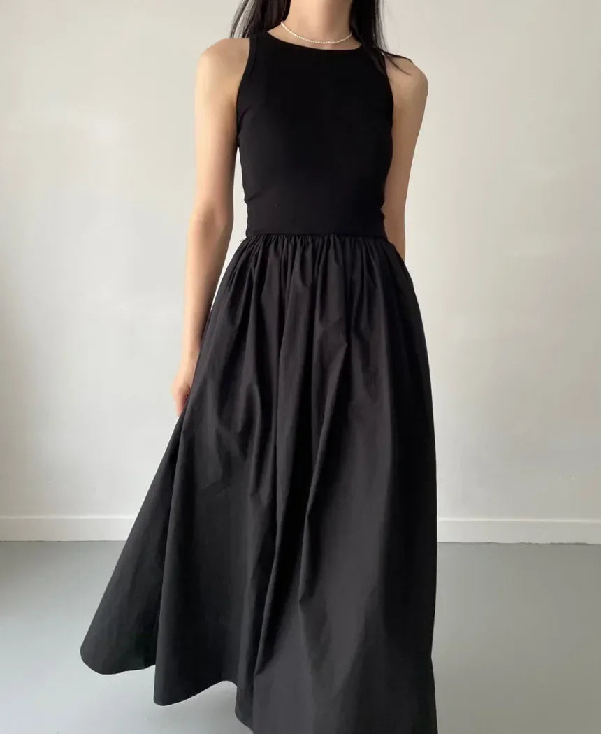 Women Black Long Dress Sleeveless Round Neck Elegant Style