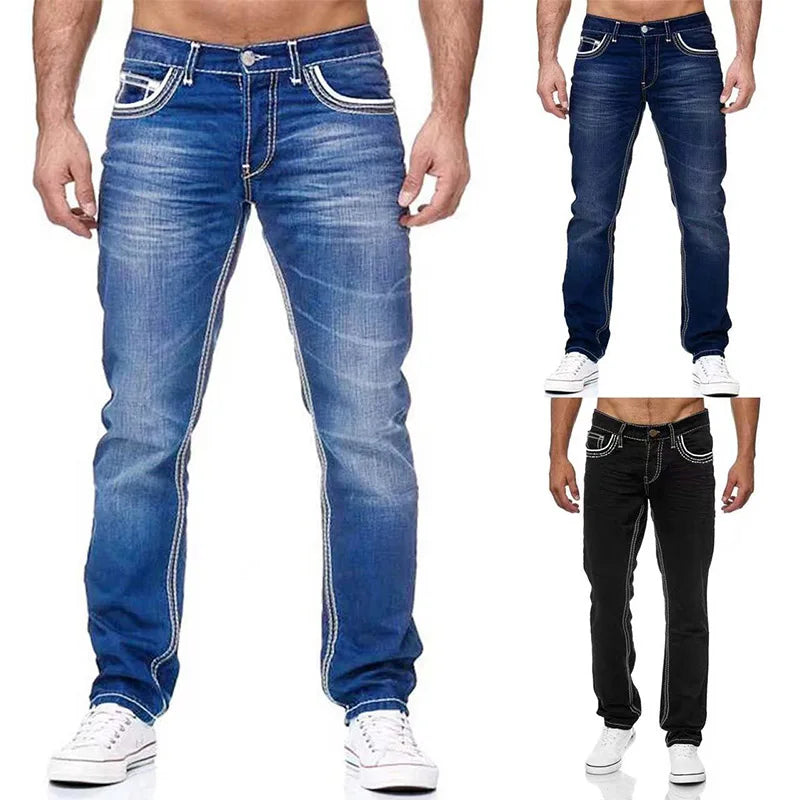 Men's Straight Leg Loose Jeans - Washed Denim Streetwear Trousers, Blue