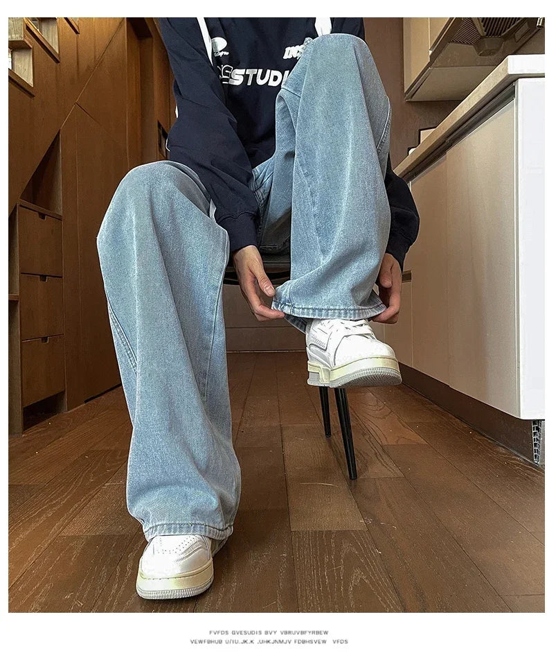 Mens Black Gray Loose Straight Wide Leg Jeans Casual Pantslue