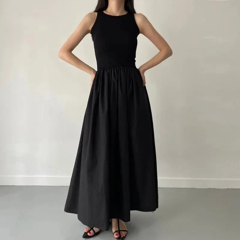 Women Black Long Dress Sleeveless Round Neck Elegant Style