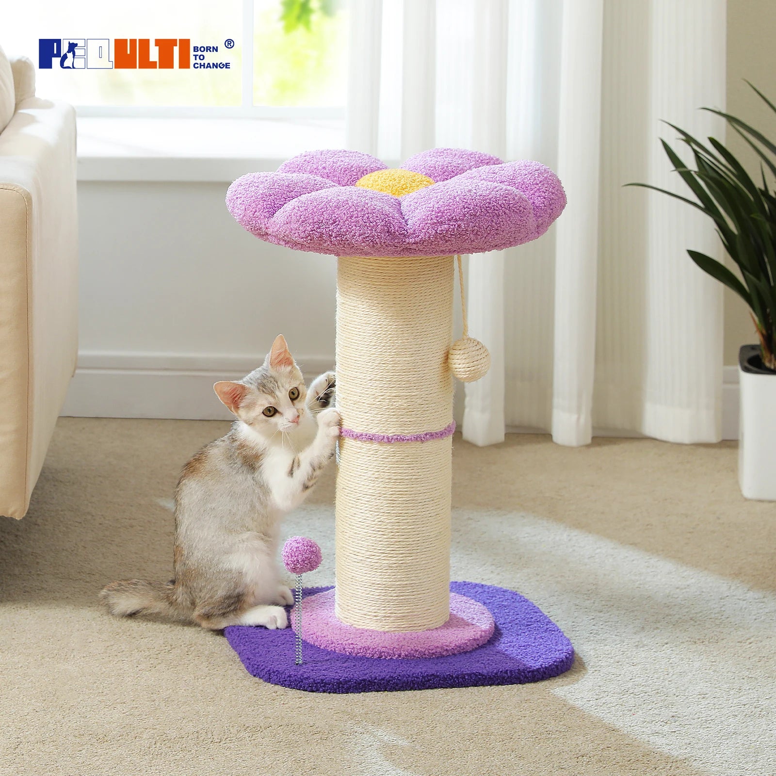 Flower Cat Scratching Post Small Cat Tree Tower Cat Scratcher for Indoor Cats with Super Thick Scratching Post Removable Cat Bed - trendingshoping.com