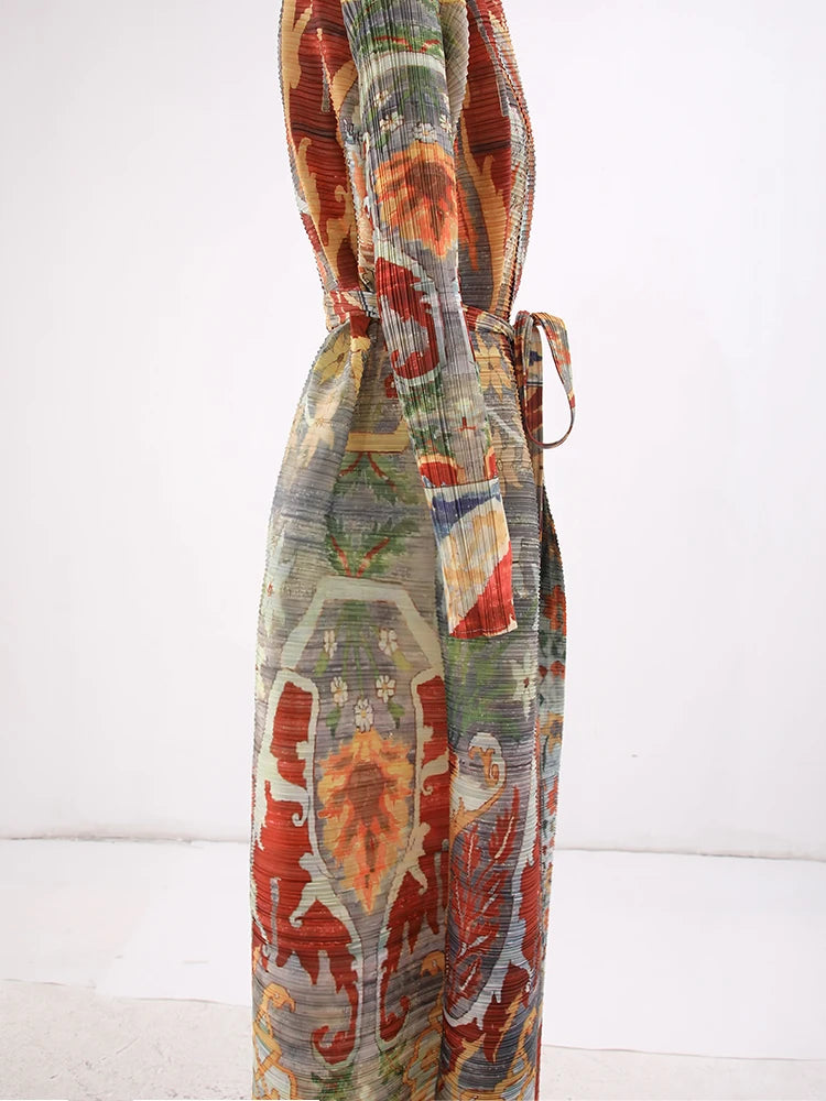 LANMREM Fashion Designer Print Pleated Windbreaker Women Scraf Collar Belt Gathered Waist Contrast Color 2024 New Coat 32C1261 - trendingshoping.com