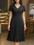 Elegant V Neck Office Work Dresses ZANZEA Women 2025 Summer Dress Solid Pleated Sundress Short Sleeve A Line Party Vestidos Robe