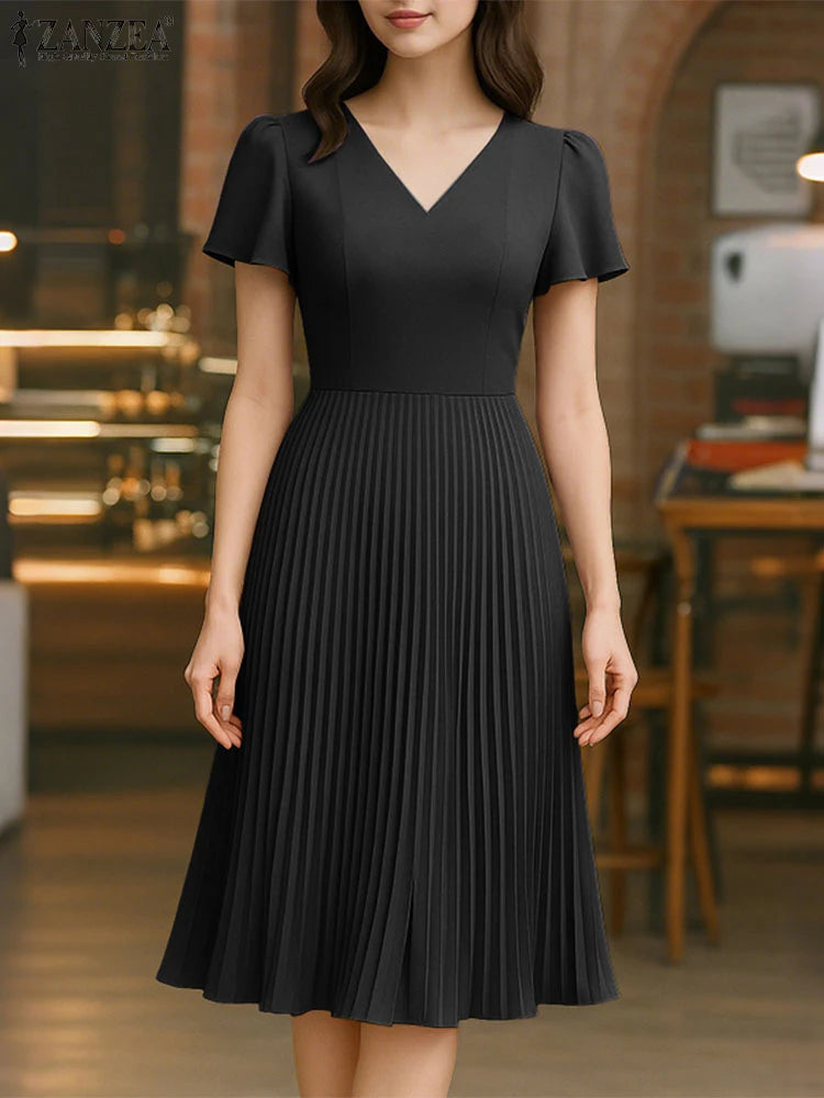 Elegant V Neck Office Work Dresses ZANZEA Women 2025 Summer Dress Solid Pleated Sundress Short Sleeve A Line Party Vestidos Robe