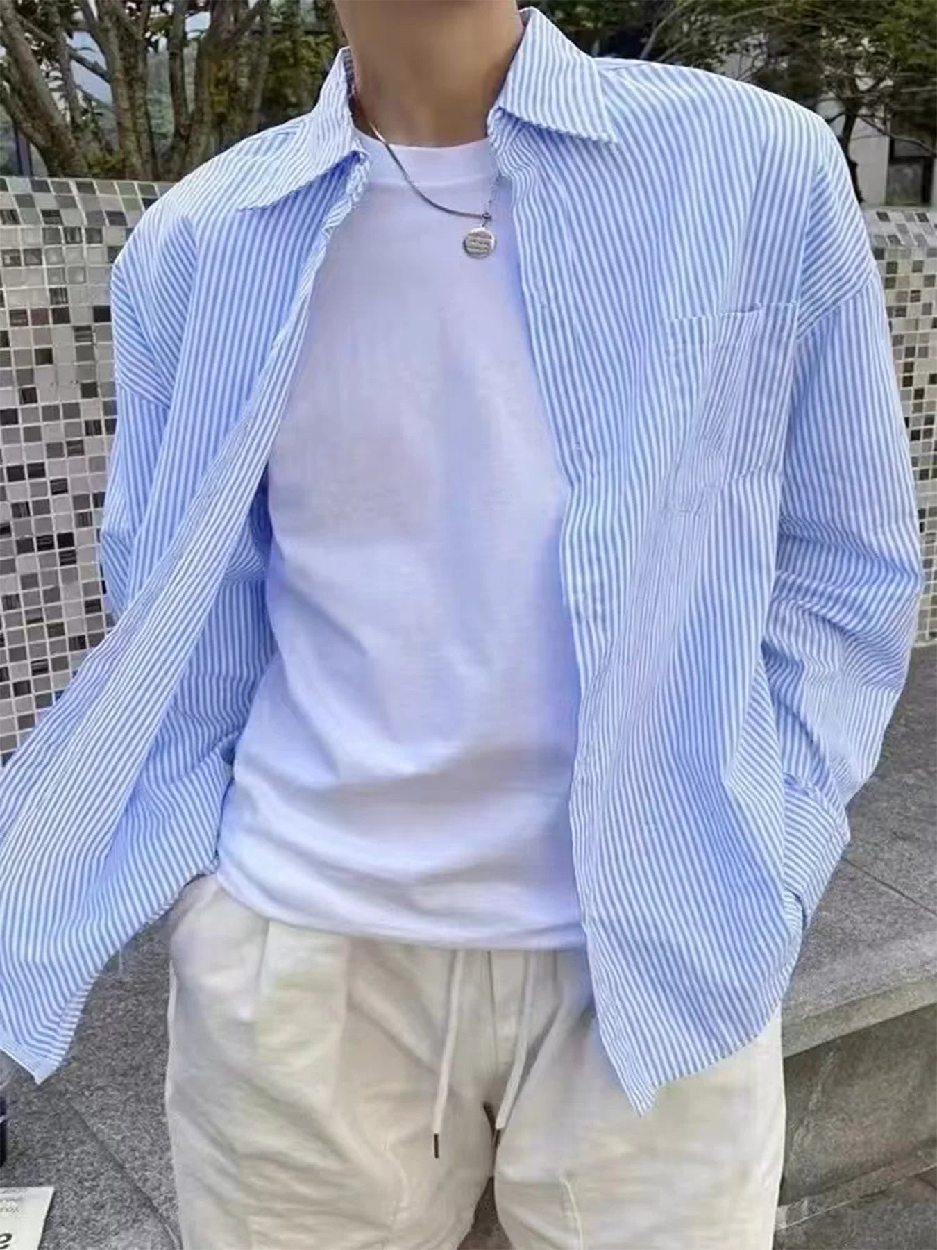 Men's Slim Fit Striped Long-Sleeve Shirt - Korean Style Casual Button-Down