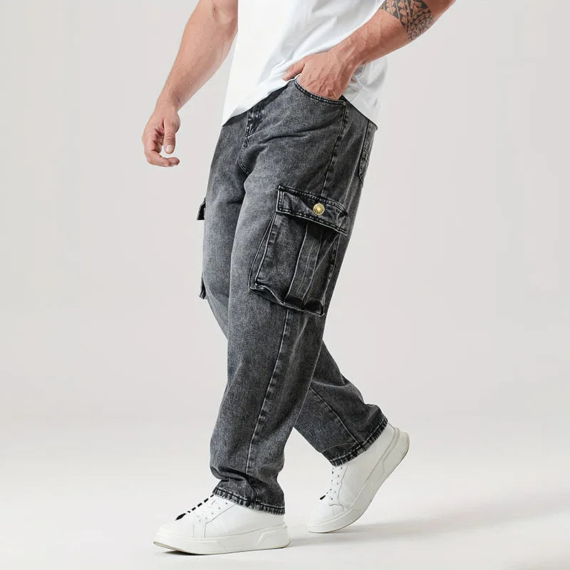 Mens Loose Straight Leg Jeans Large Pocket Casual Work Pants