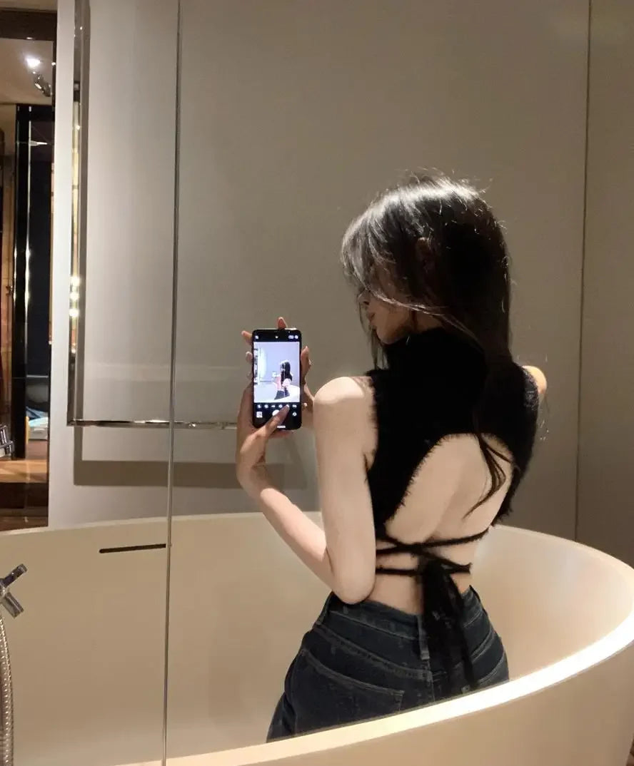 Women Knit Halter Crop Top Furry Lace Up Sleeveless