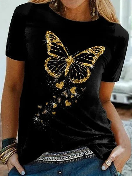 Golden Butterfly Print Women’s Casual T Shirt Short Sleeve O Neck Top