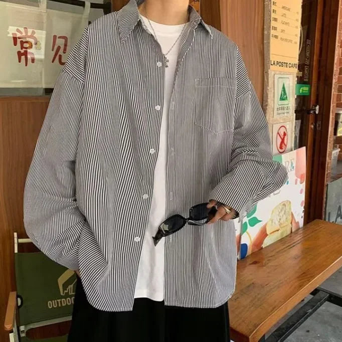 Casual Oxford Cloth Long Sleeve Shirt Men's Spring Summer New Style Hong Kong Style Japanese Stripe Thin Casual Workwear Jacket