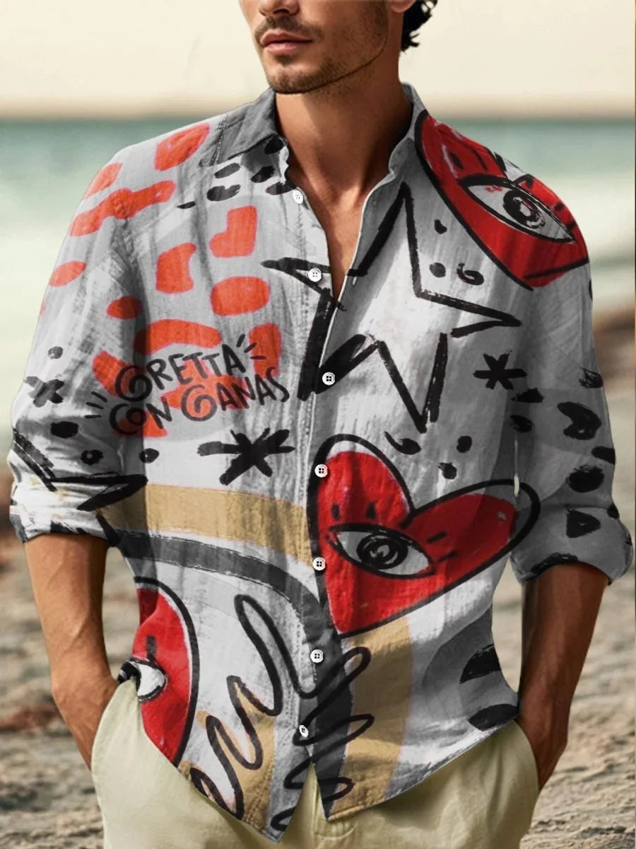 Men's Printed Linen Shirt – Fashionable Artistic Design, High-Quality & Comfortable Fabric Casual Shirt