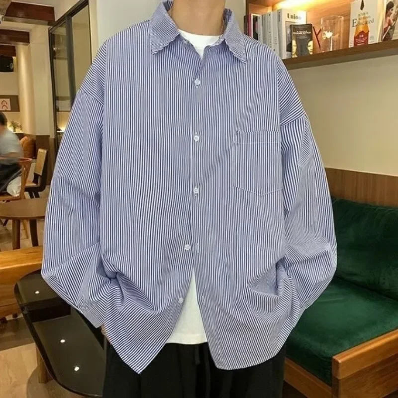 Casual Oxford Cloth Long Sleeve Shirt Men's Spring Summer New Style Hong Kong Style Japanese Stripe Thin Casual Workwear Jacket