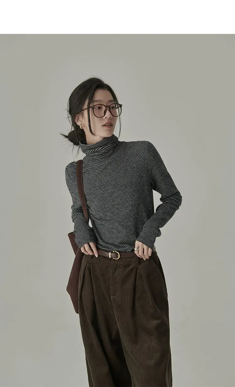 Striped T-shirts Women Spring Cozy Long Sleeved All-match Daily Elegant Classic Turtleneck Tops Hot Sales Korean Style Clothing