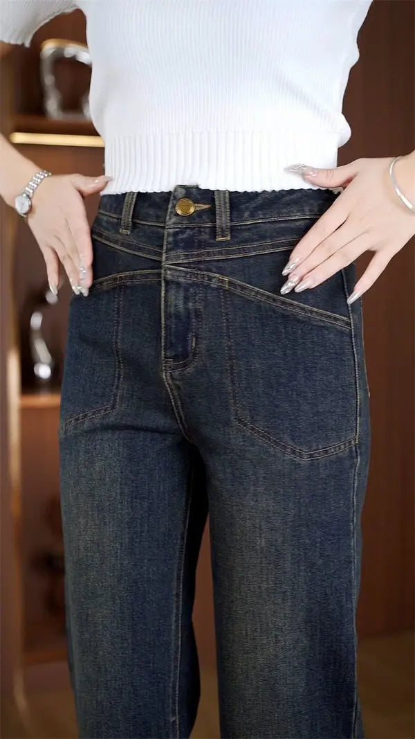 Women's Narrow Straight Leg Jeans  Fall Winter New Plush Lined Thick Korean Retro Relaxed Casual Trousers High Waist Flattering