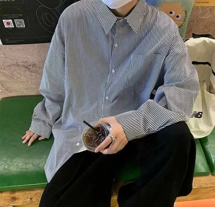 Men's Long Sleeve Oxford Cloth Shirt - Casual Striped Workwear Jacket Style