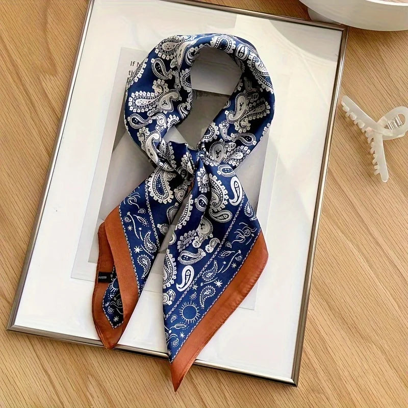 New Paisley Houndstooth Printed Square Scarf Coffee Color Thin Smooth Neck Scarf Vintage Style Sunscreen Headscarf For Women
