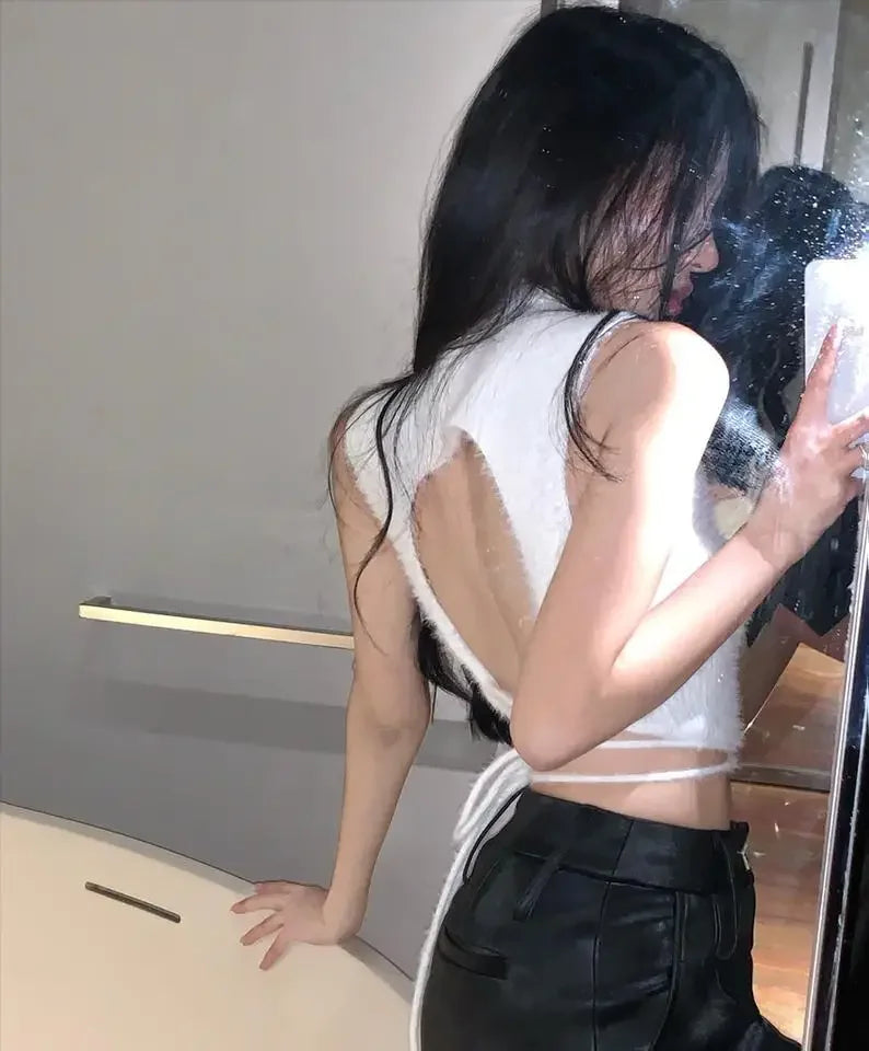 Women Knit Halter Crop Top Furry Lace Up Sleeveless