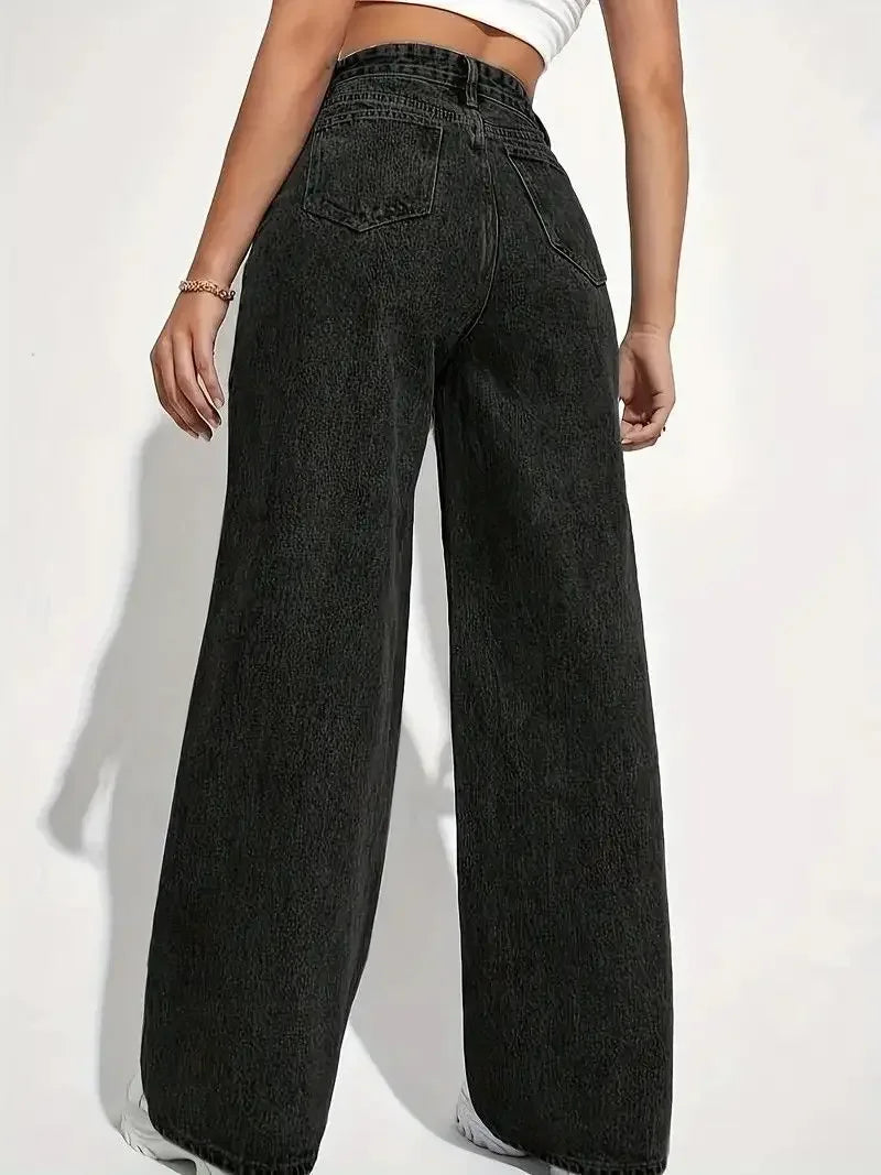 New ForeignWomen's High-Waisted Wide-Leg Jeans - Straight Loose Fit Denim with Elegant Drape Trade