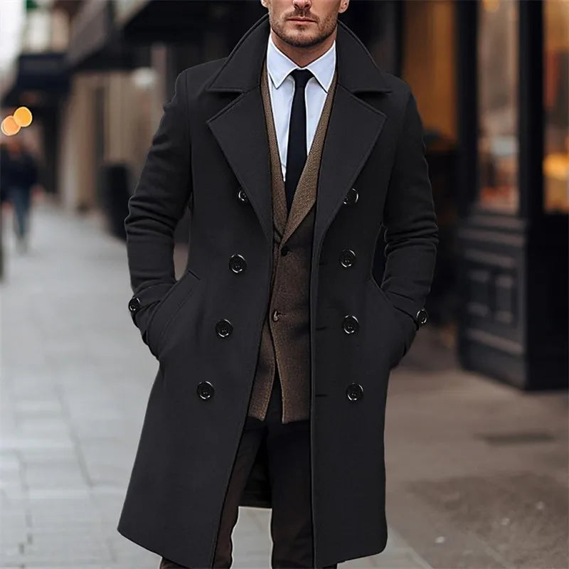 Men England Style Wool Blend Long Coat Winter Business Outerwear
