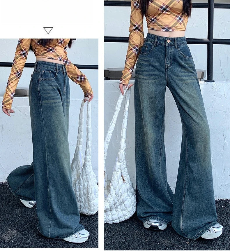 Womens Jeans Denim Pants 2025 Euramerican High Waist Girl Style Colorful Straight Leg Wide Leg Trousers