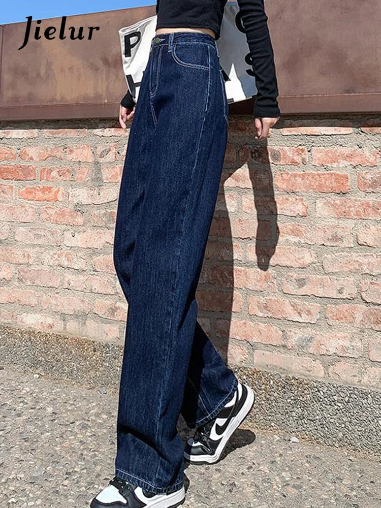 Jielur Dark Blue High Waist Washed Straight Wide Leg Womens Jeans Solid Color