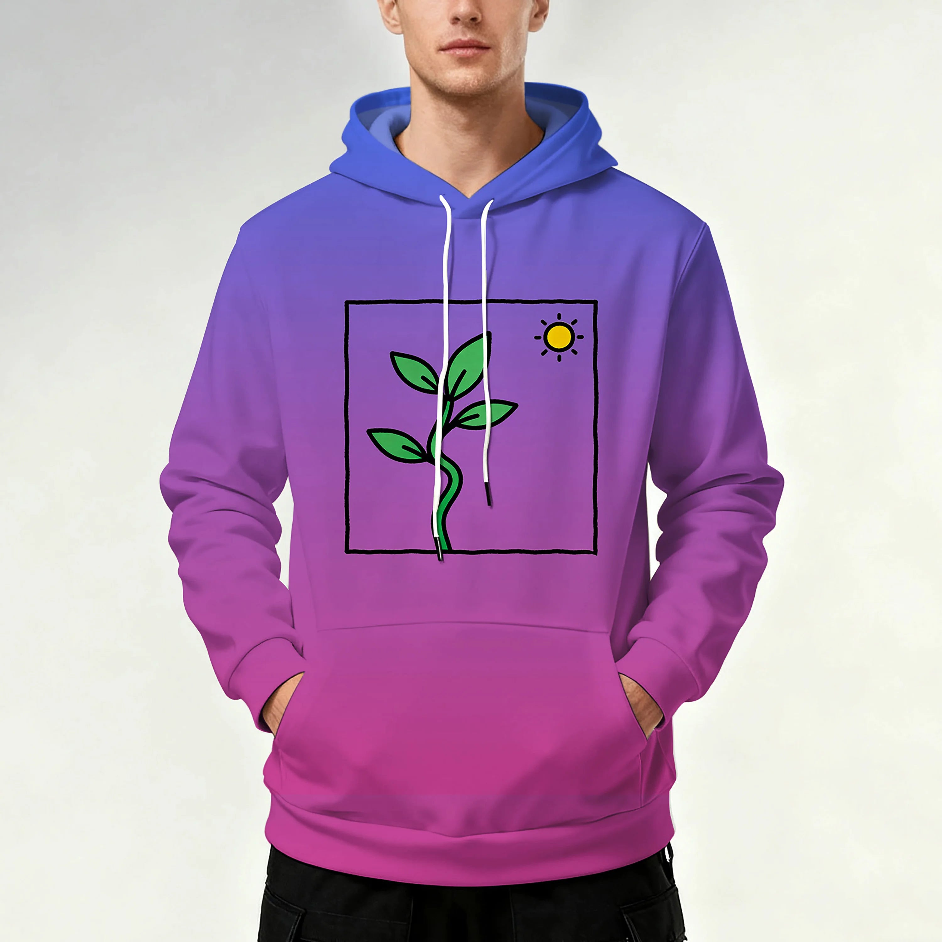 Men's hooded sweatshirt with drawstring pockets, sporty and stylish design with leaf pattern.
