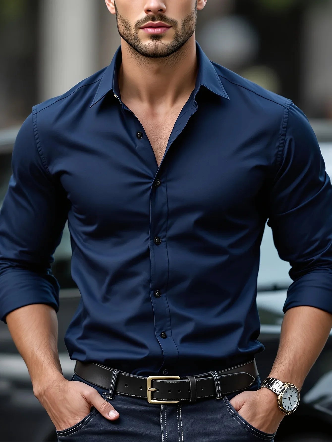 Men's Solid Color Long Sleeve Shirt – Smart Casual Elastic Business Shirt, 2025 Four-Season Wear