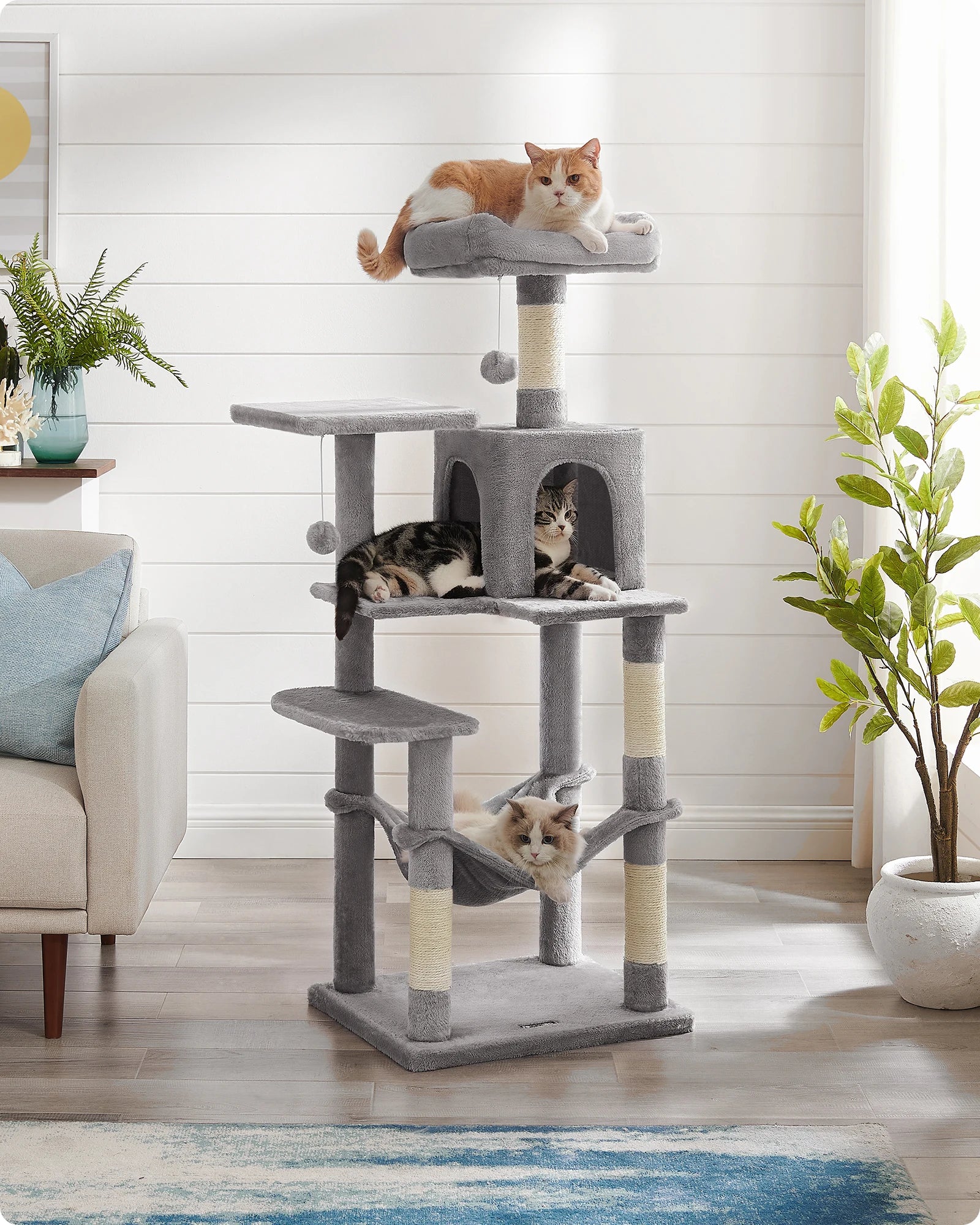 Feandrea scratching post, 143 cm high, cat tree, multi-storey cat house, with 4 scratching pillars, 2 platforms, hammock, Cave - trendingshoping.com