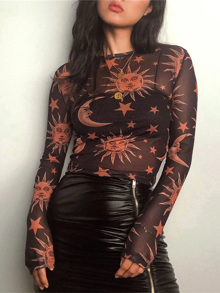 Sun Moon Printed Transparent Mesh Sexy T Shirt Women O Neck Long Sleeve Slim Basic Casual Tops 2023 Spring New