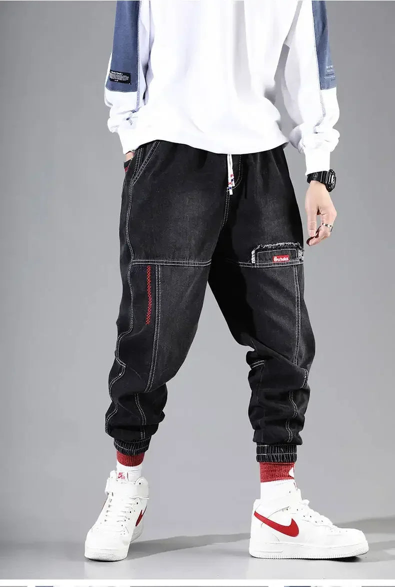 Mens Black Elastic Waist Baggy Harem Jogger Jeans Ankle Band Cargo Pants