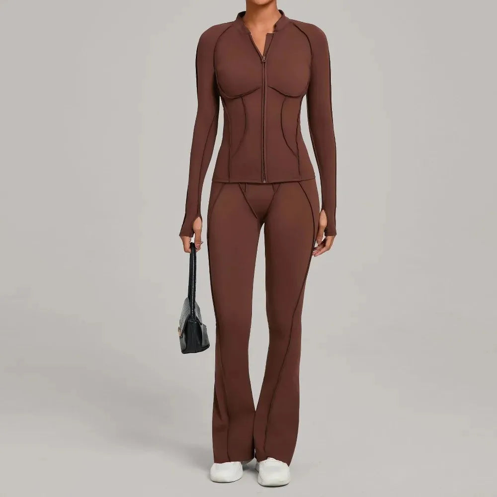 Women’s 2-Piece Zipper Gym Set - Long Sleeve Tracksuit & High-Waist Yoga Pants