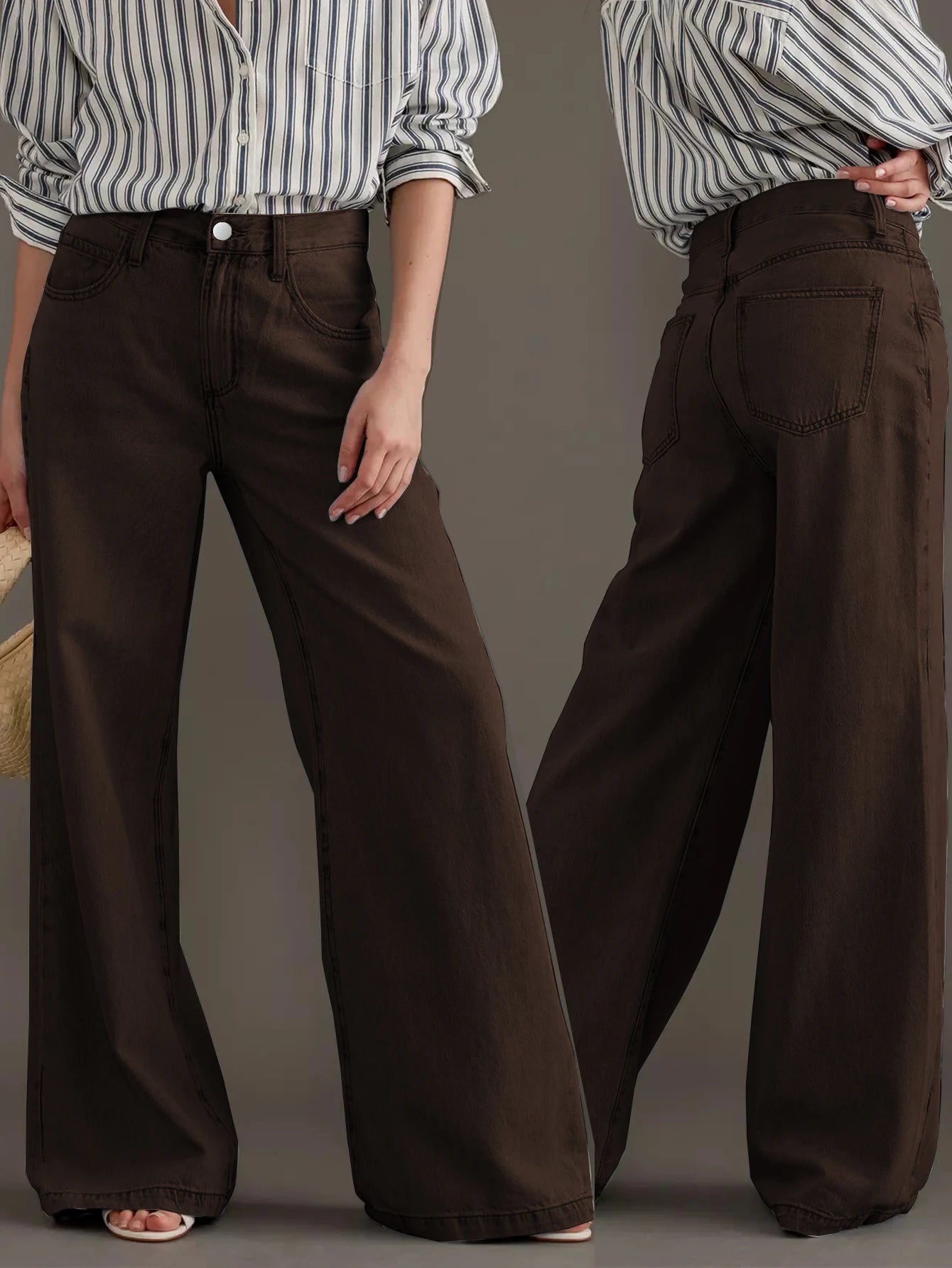 Womens High Waist Washed Vintage Brown Wide Leg Jeans