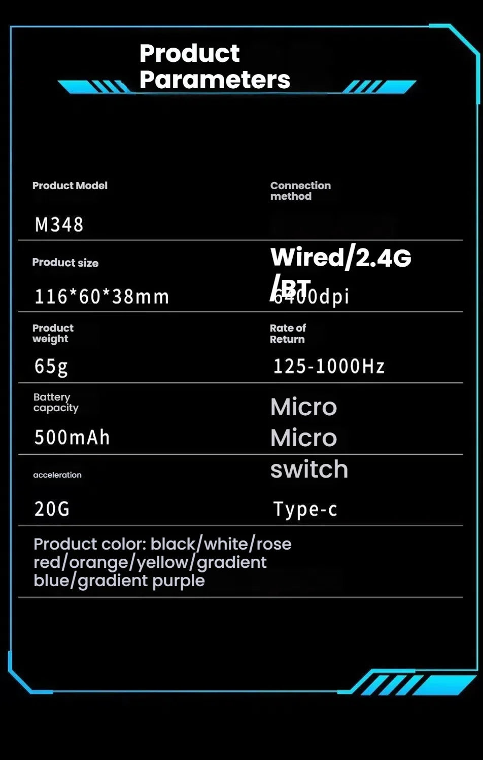 New M348 Wireless Bluetooth Gaming Mouse 6400DPI Lightweight Long Battery Life 2.4GHz Wireless Receiver