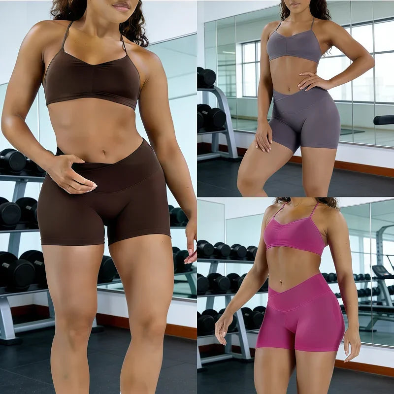 Women’s Seamless Workout Set - High Waist Scrunch Shorts & Crop Bra - 2PC Gym Suit