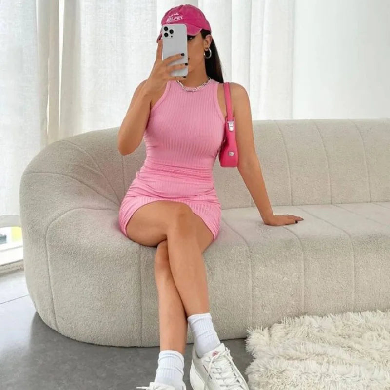 Women Bodycon Mini Dress Sleeveless Slim Fit Solid Color