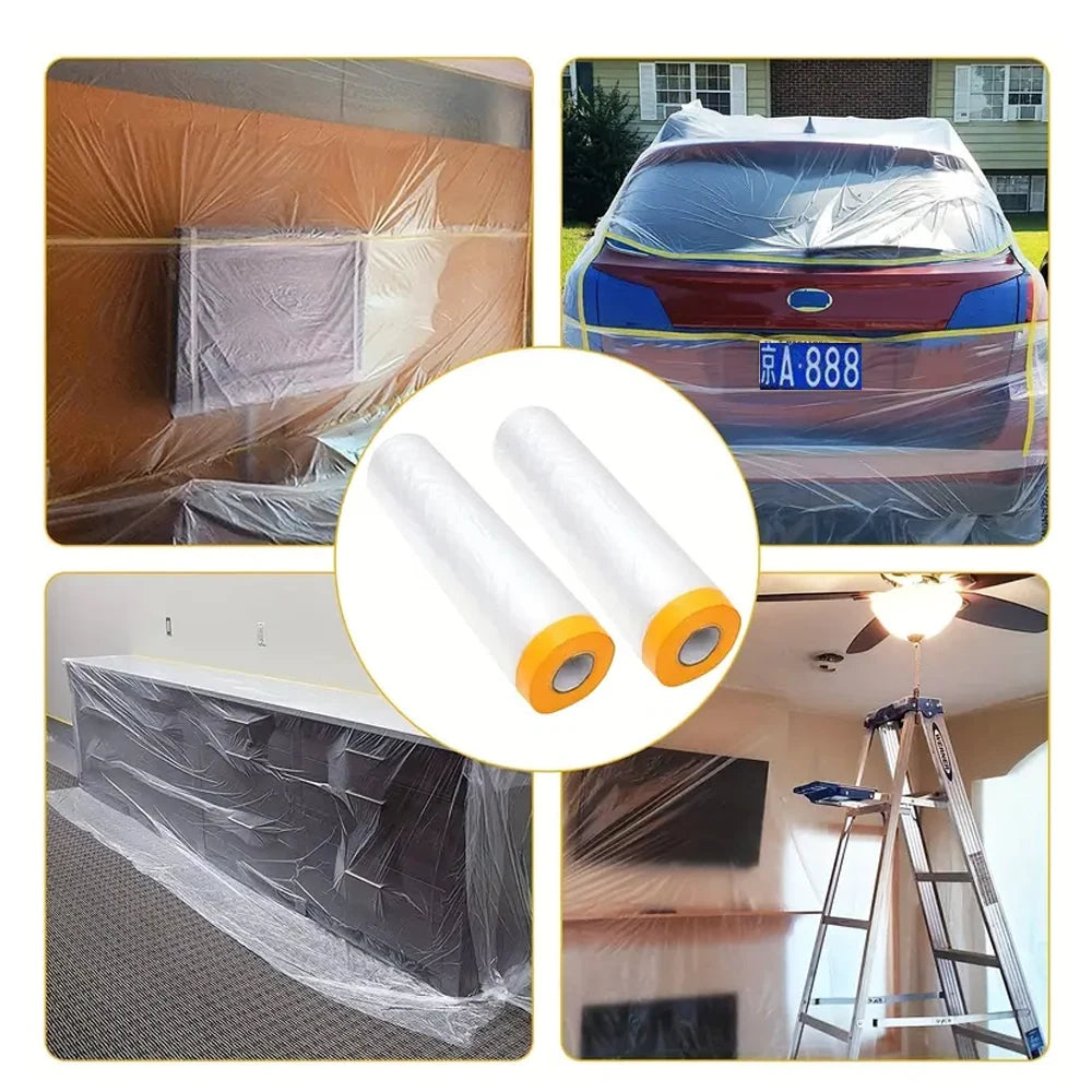 Pre-Taped Masking Film 20M | Clear Plastic Sheeting for Painting & Auto Use