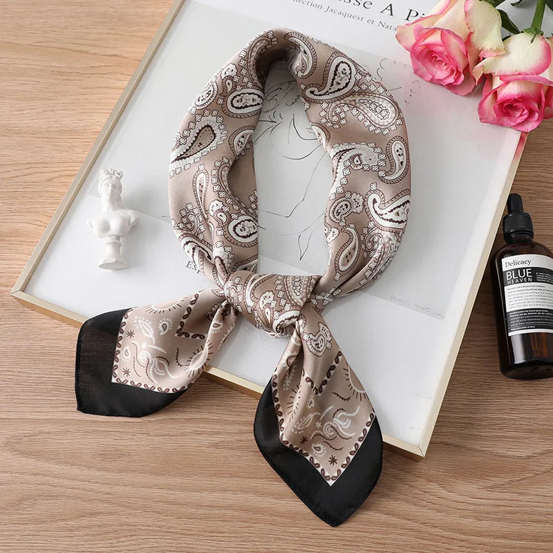 New Paisley Houndstooth Printed Square Scarf Coffee Color Thin Smooth Neck Scarf Vintage Style Sunscreen Headscarf For Women