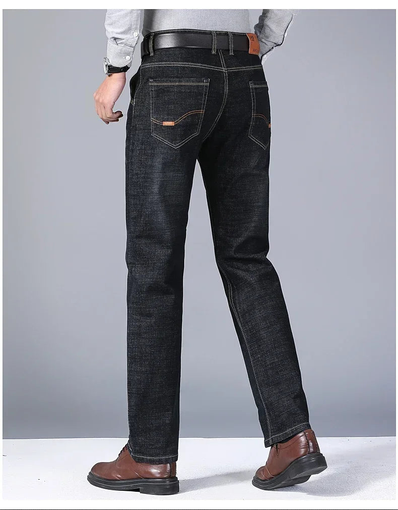 Men's Classic Straight Leg Stretch Jeans - Casual Work Denim Trousers in Blue & Black