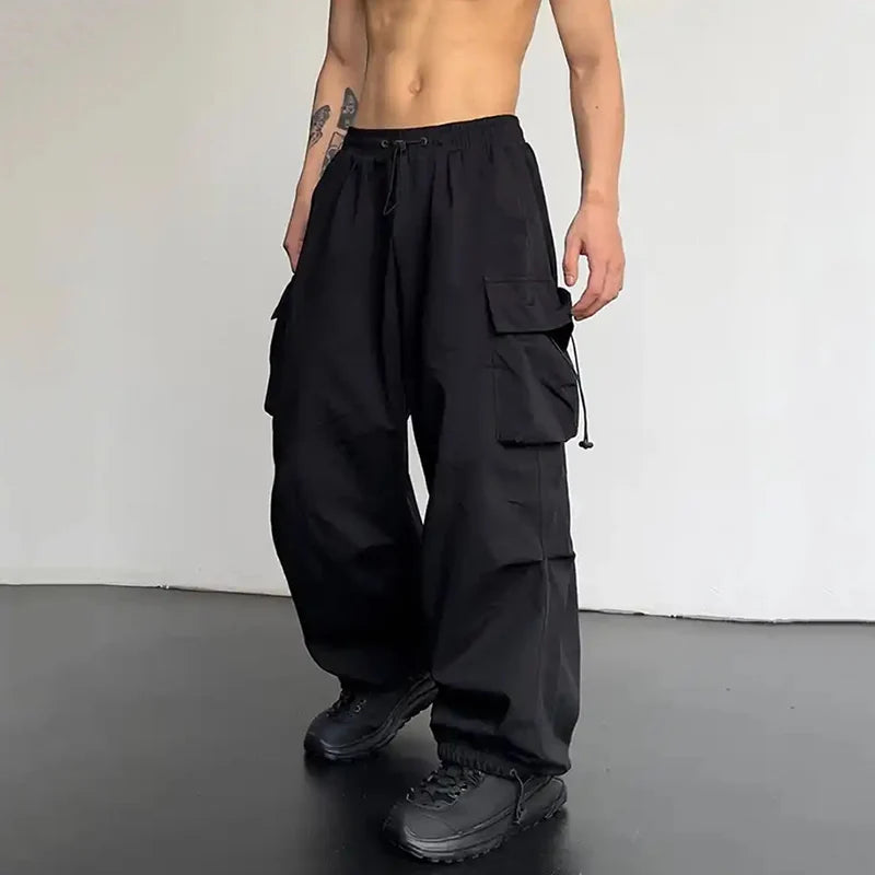 Men’s Streetwear Cargo Pants - Wide-Leg Loose Fit Trousers with Drawstring