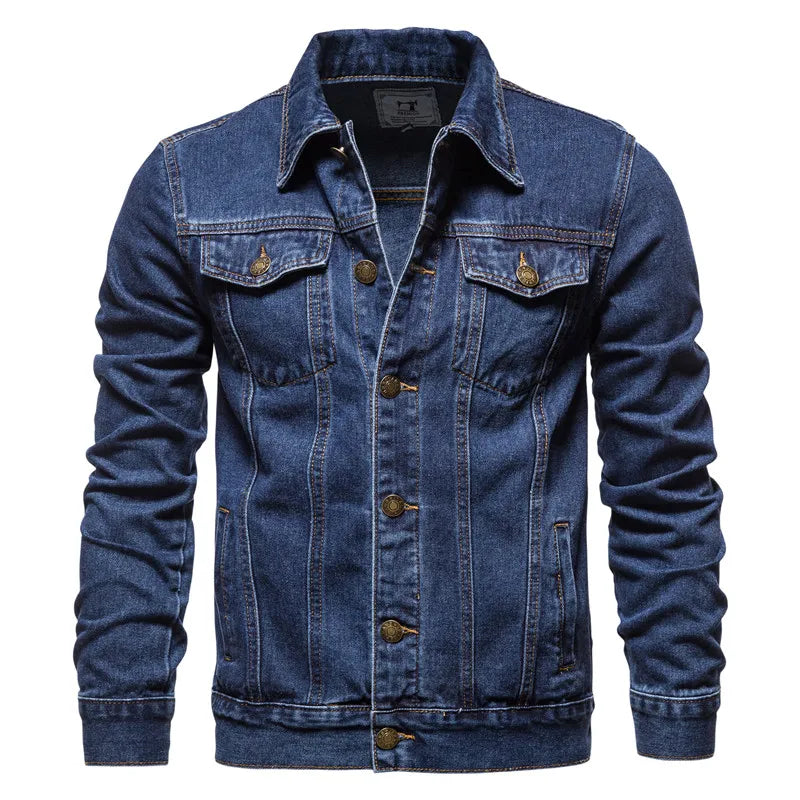 Men Solid Denim Jacket Slim Fit Vintage Casual Motorcycle Style Autumn Cotton Coat