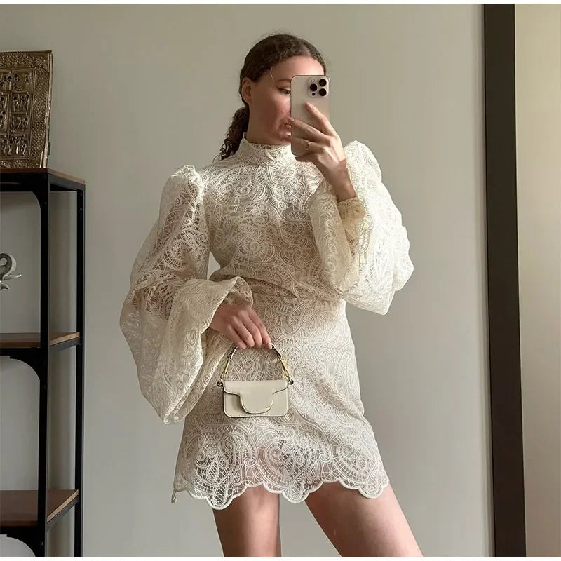 Women’s White Lace Flare Sleeve Top & Mini Skirt Set