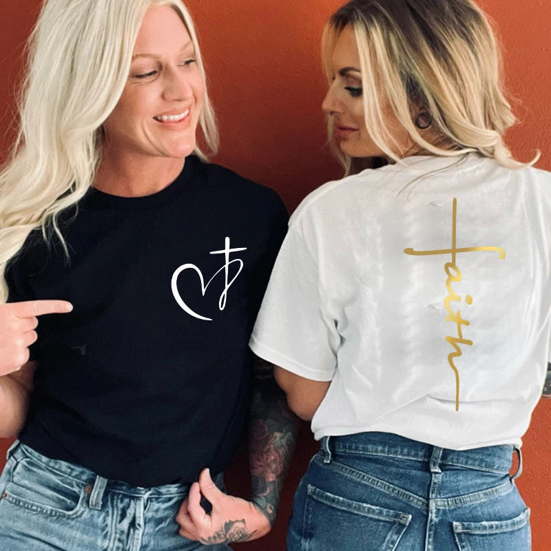 New Womens Heart Cross T Shirt Fashion Faith Print Loose Short Sleeve Classic Pullover Summer Tee Clothing