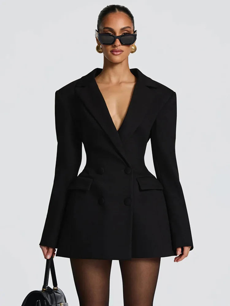 Women’s Deep V Neck Long Sleeve Mini Blazer Dress Double Breasted High Waist